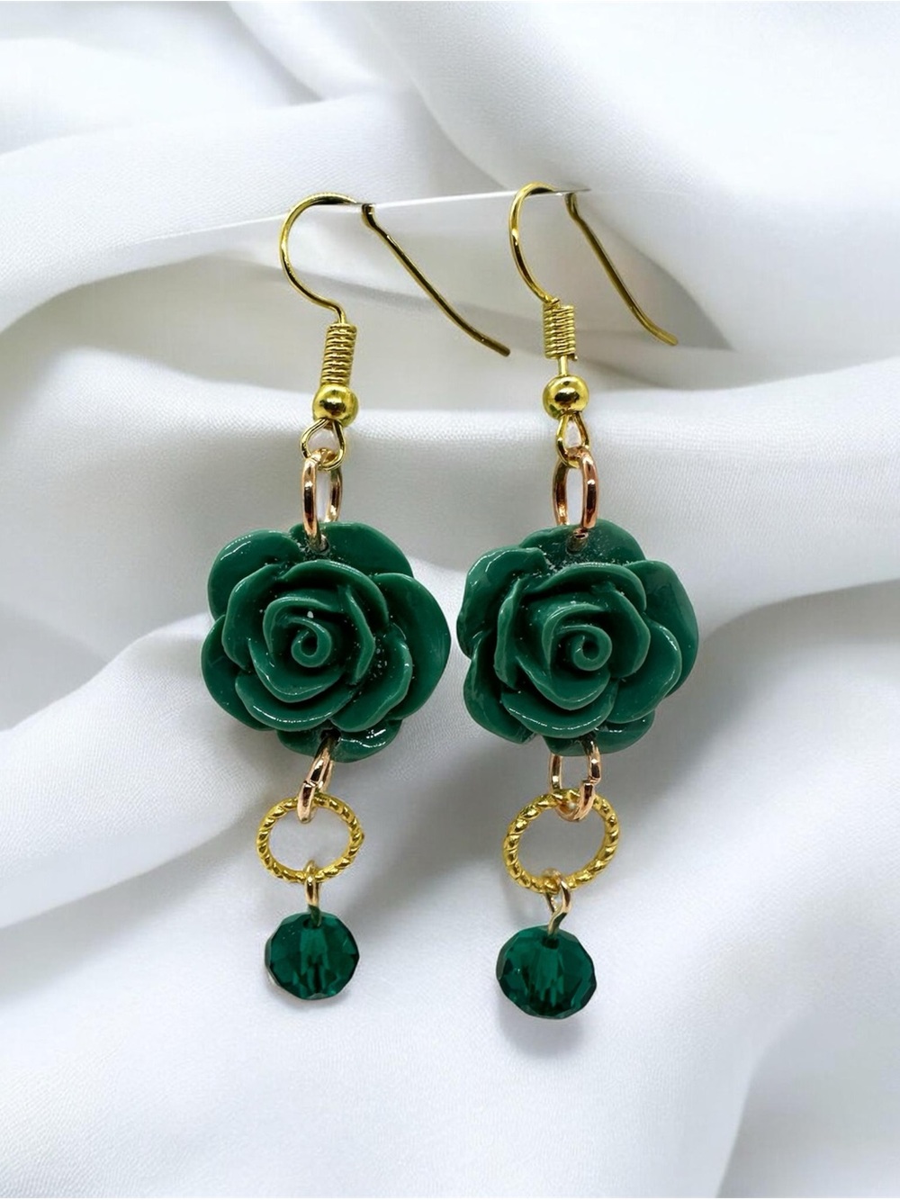 Green Rose Flower Dangle Earrings Emerald Bead Gold Tone Handmade Jewelry